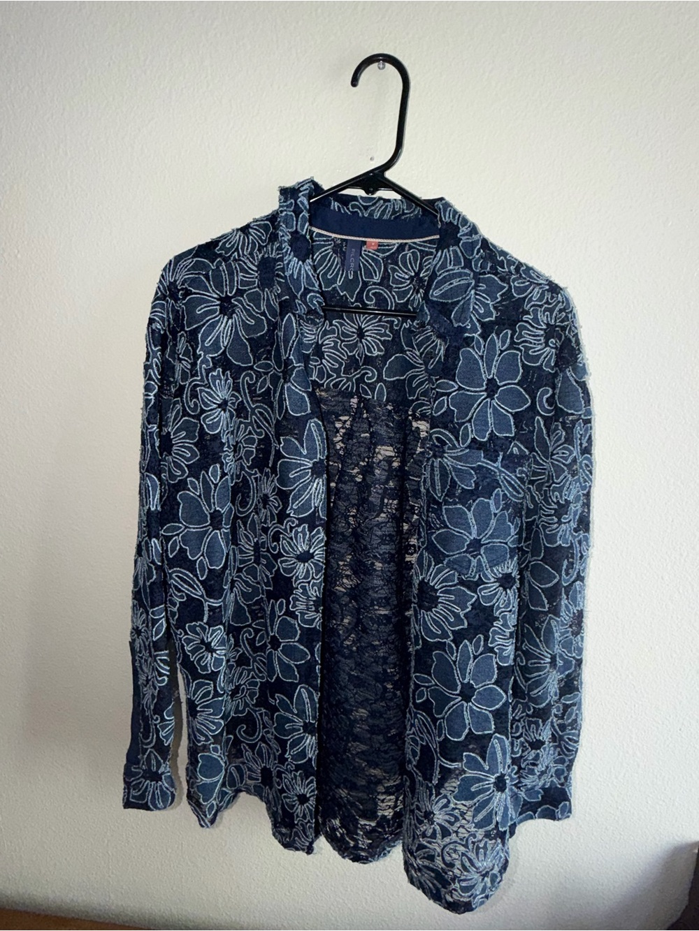 Pilcro Navy Blue Floral Lace Open-Front Tunic